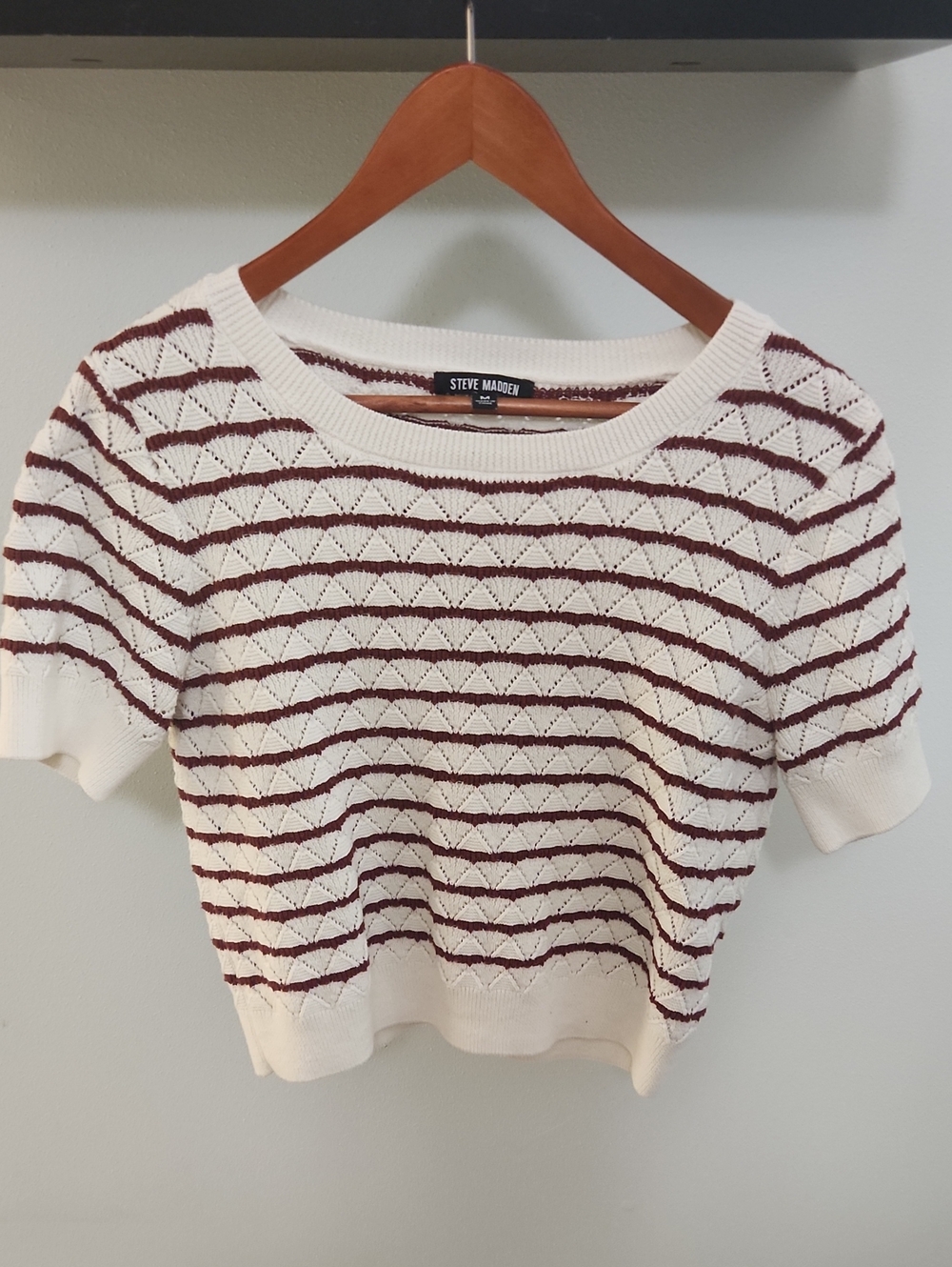 Steve Madden Cream and Burgundy Striped Short Sleeve Knit Top